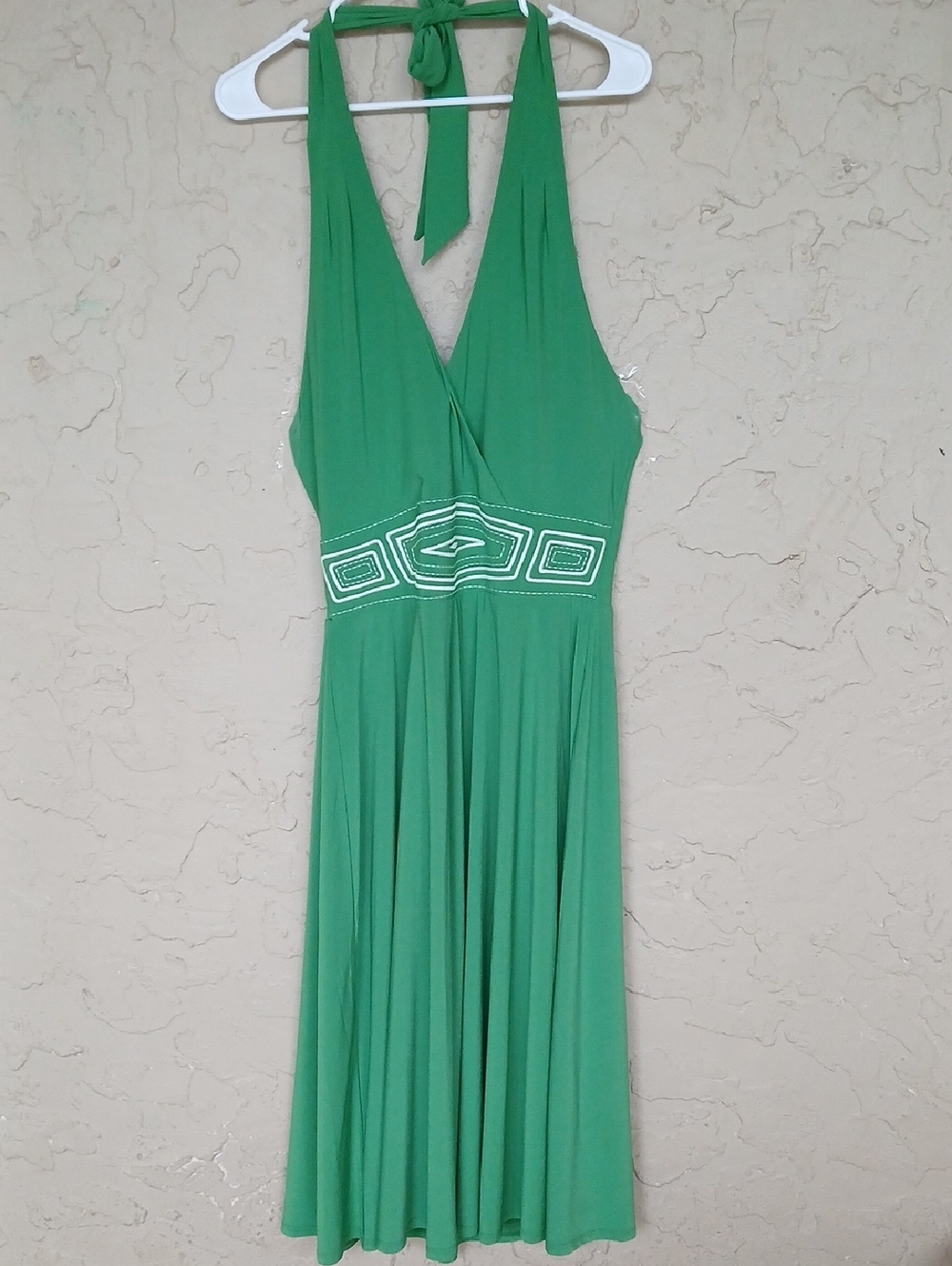 White House Black Market Green Shoulder Halter Dress with Embroidered Waist
